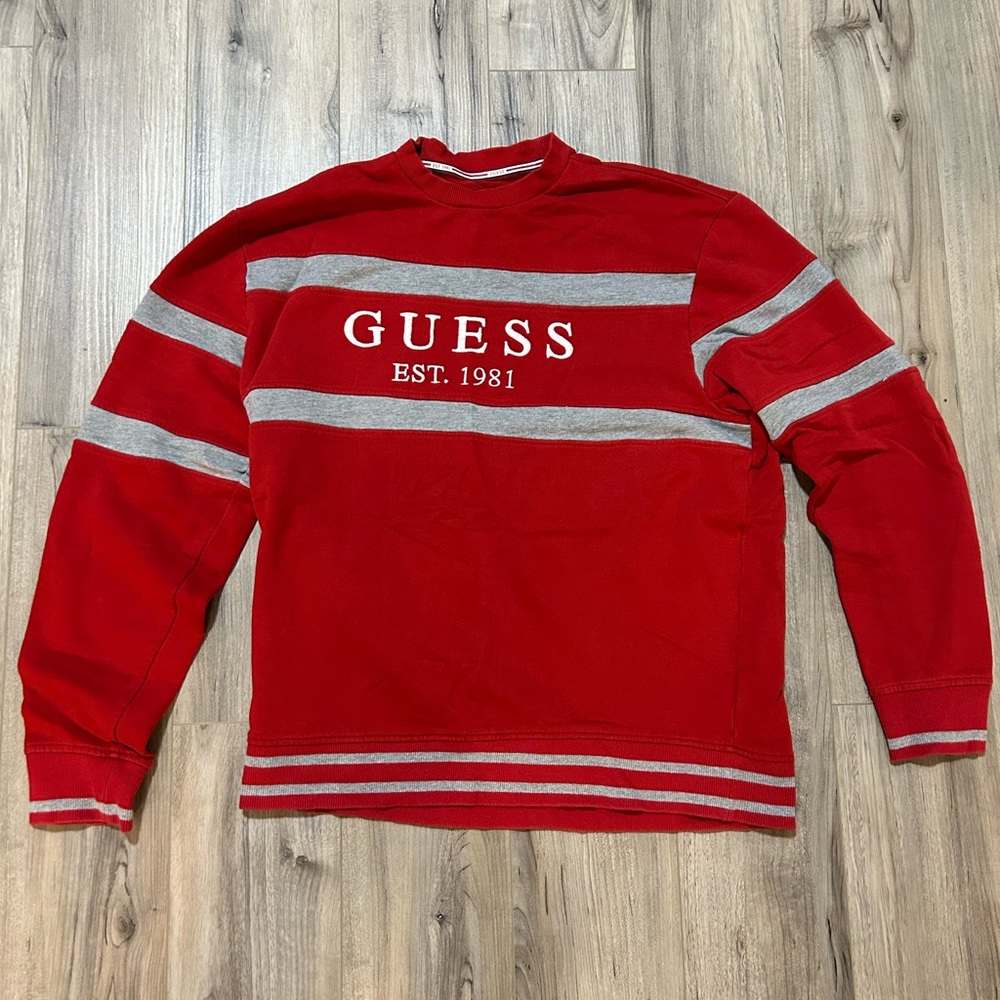 GUESS Men's Red Crewneck Sweater with Gray Stripes